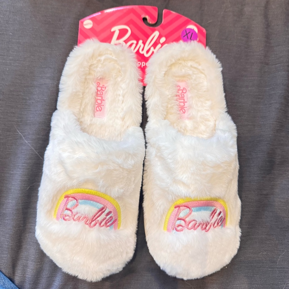 New! BARBIE SIZE XL 9.5, 10 or 10.5 faux fur pink slippers extra large white fur - Picture 2 of 6